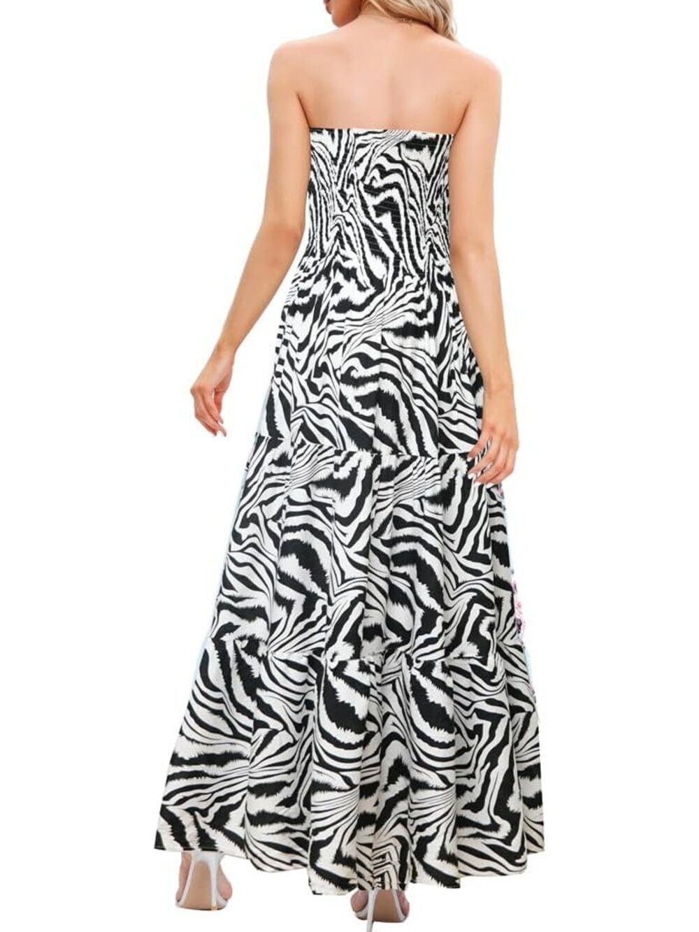 Women's Black Zebra Casual Off Shoulder Strapless Tube Top Beach Maxi Dress - Picture 4 of 4